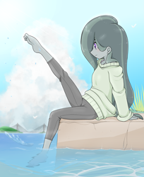Size: 2251x2754 | Tagged: safe, alternate version, artist:batipin, imported from derpibooru, marble pie, human, equestria girls, barefoot, clothes, equestria girls-ified, feet, female, ocean, pants, sitting, solo, sweater, water