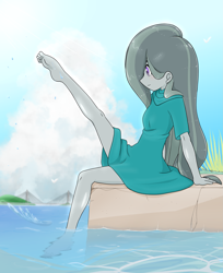 Size: 2251x2754 | Tagged: safe, alternate version, artist:batipin, imported from derpibooru, marble pie, human, equestria girls, barefoot, clothes, equestria girls-ified, feet, female, ocean, sitting, solo, water