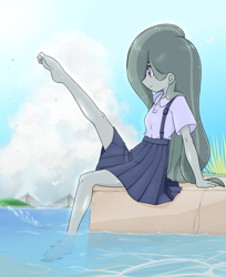 Size: 2251x2754 | Tagged: safe, alternate version, artist:batipin, imported from derpibooru, marble pie, human, equestria girls, barefoot, clothes, equestria girls-ified, feet, female, ocean, school uniform, sitting, solo, water