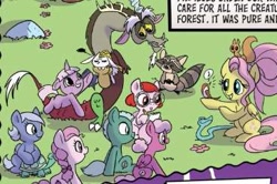 Size: 367x244 | Tagged: safe, idw, imported from derpibooru, screencap, angel bunny, discord, fluttershy, earth pony, pegasus, pony, rabbit, raccoon, squirrel, unicorn, spoiler:comic, spoiler:g5comic, spoiler:g5comic02, angel bunny is not amused, animal, colt, cropped, female, filly, flashback, foal, g5, male, official comic, older, older fluttershy, unamused