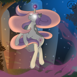 Size: 3200x3200 | Tagged: safe, artist:maître cervidé, imported from derpibooru, oc, oc:arcana glyph, unicorn, female, forest, grass, magic, night, not sweetie belle, solo, spark, stone