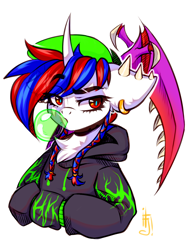 Size: 1200x1600 | Tagged: safe, artist:falafeljake, imported from derpibooru, oc, oc only, oc:snowi, unicorn, blue mane, bust, cap, clothes, ear piercing, earring, ears, female, food, gum, hair braid, hat, hood, horn, jacket, jewelry, looking at you, mare, mutant, mutation, piercing, red eyes, red mane, scythe, simple background, solo, white background, white fur