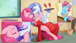Size: 5832x3281 | Tagged: safe, artist:snail 9, imported from derpibooru, cup cake, pinkie pie, oc, oc:ray frok, earth pony, pony, bipedal, canon x oc, dipping, exclamation point, kissing, serving tray, trio