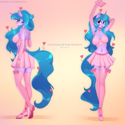 Size: 3000x3000 | Tagged: safe, artist:xjenn9, imported from derpibooru, izzy moonbow, anthro, unicorn, bare shoulders, bedroom eyes, belly button, breasts, busty izzy moonbow, cleavage, clothes, evening gloves, female, g5, gloves, gradient background, hearts and hooves day, horn, letter, long gloves, midriff, skirt, sleeveless, solo, stockings, thigh highs, ych example, your character here, zettai ryouiki