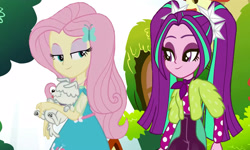 Size: 2500x1500 | Tagged: safe, artist:bigpurplemuppet99, imported from derpibooru, aria blaze, fluttershy, dog, human, equestria girls, ariashy, female, lesbian, shipping