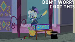 Size: 1920x1080 | Tagged: safe, edit, edited screencap, editor:quoterific, imported from derpibooru, screencap, spike, spike the regular dog, trixie, dog, human, equestria girls, street magic with trixie, spoiler:eqg series (season 2), magician outfit, sword, weapon