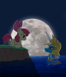 Size: 2550x3000 | Tagged: safe, artist:angel-wing101, imported from derpibooru, apple bloom, oc, earth pony, pony, duo, moon, night, water