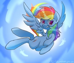 Size: 1200x1024 | Tagged: safe, artist:yukkuri_yu_yu, imported from derpibooru, rainbow dash, pegasus, pony, feather, female, japanese, mare, signature, solo, spread wings, wings