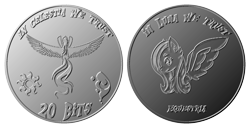 Size: 8763x4489 | Tagged: safe, imported from derpibooru, fluttershy, oc, oc:sølvfor, pegasus, 20 bit coin, money, monochrome