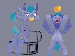 Size: 1066x800 | Tagged: safe, artist:ponsce, imported from derpibooru, oc, oc only, bat pony, pony, bat pony oc, bat wings, bipedal, butt, fangs, female, food, gray background, mango, mare, nose in the air, plot, simple background, solo, spread wings, treasure chest, wings