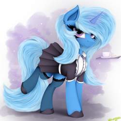 Size: 4000x4000 | Tagged: safe, artist:ser-p, imported from derpibooru, trixie, pony, unicorn, abstract background, absurd resolution, clothes, cup, female, hoof shoes, horn, looking at you, magic, maid, mare, raised leg, solo, stockings, telekinesis, thigh highs