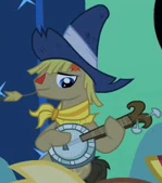 Size: 149x169 | Tagged: safe, imported from derpibooru, screencap, earth pony, pony, luna eclipsed, bandana, banjo, cropped, eclipse, hat, musical instrument, sitting, solo, straw, straw in mouth, unnamed character, unnamed pony