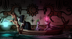 Size: 2771x1514 | Tagged: safe, alternate version, artist:inuhoshi-to-darkpen, imported from derpibooru, spike, twilight sparkle, alicorn, dragon, pony, boat, charon, chest fluff, glowing, glowing horn, horn, looking at something, open mouth, river, twilight sparkle (alicorn), water, wing fluff, wings