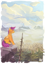 Size: 800x1143 | Tagged: safe, artist:headphonehijack, imported from derpibooru, scootaloo, pegasus, pony, cliff, forest, mountain, mountain range, scenery, solo