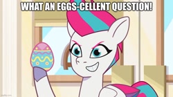 Size: 889x499 | Tagged: safe, edit, edited screencap, imported from derpibooru, screencap, zipp storm, pegasus, pony, spoiler:g5, spoiler:my little pony: tell your tale, spoiler:tyts01e48, caption, easter egg, egg pun, g5, image macro, my little pony: tell your tale, pun, solo, text, the hunt for eggmund bunny