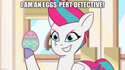 Size: 889x499 | Tagged: safe, edit, edited screencap, imported from derpibooru, screencap, zipp storm, pegasus, pony, spoiler:g5, spoiler:my little pony: tell your tale, spoiler:tyts01e48, caption, easter egg, egg pun, g5, image macro, my little pony: tell your tale, pun, solo, text, the hunt for eggmund bunny