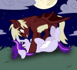 Size: 1000x900 | Tagged: safe, artist:ghostpikachu, imported from derpibooru, oc, oc only, oc:dreaming star, oc:trinity, bat pony, undead, unicorn, vampire, vampire bat pony, vampony, base used, bat pony oc, belly fluff, blushing, cloud, ears back, fangs, female, horn, looking into each others eyes, lying down, male, mare, moon, night, on back, outdoors, pinned down, red eyes, scared, spread wings, stallion, unicorn oc, wings