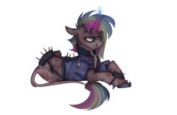 Size: 2000x1300 | Tagged: safe, artist:molars, imported from derpibooru, oc, oc only, oc:arcade, pony, unicorn, fallout equestria, angry, annoyed, bicolour eyes, blood, blood stains, clothes, frown, horseshoes, jacket, leonine tail, multicolored mane, patch, raider, scar, simple background, solo, tail, transparent background