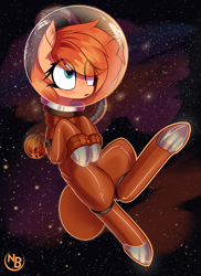Size: 2700x3710 | Tagged: safe, artist:nevobaster, imported from derpibooru, oc, oc only, oc:rusty gears, earth pony, pony, eye clipping through hair, female, freckles, galaxy, helmet, heterochromia, mare, solo, space, space helmet, spacesuit, stars, wondering, zero gravity