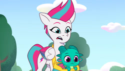 Size: 3072x1727 | Tagged: safe, imported from derpibooru, screencap, zipp storm, dragon, pegasus, pony, spoiler:g5, spoiler:my little pony: tell your tale, spoiler:tyts01e48, baby, baby dragon, duo, duo male and female, female, frown, g5, male, mare, my little pony: tell your tale, open mouth, sparky sparkeroni, the hunt for eggmund bunny