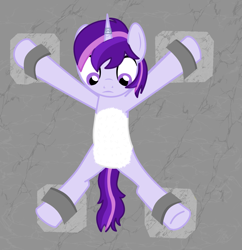 Size: 1779x1839 | Tagged: safe, artist:ghostpikachu, imported from derpibooru, oc, oc only, oc:dreaming star, pony, unicorn, armpits, belly, belly fluff, bondage, bound, captured, dungeon, featureless crotch, frown, horn, looking down, magic suppression, male, restrained, shackles, solo, spread eagle, spread legs, spreading, stallion, unicorn oc, wall