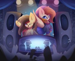 Size: 2400x1950 | Tagged: safe, artist:miryelis, imported from derpibooru, oc, pegasus, pony, clothes, commission, lightning, long hair, looking at you, music notes, one eye closed, raised hoof, smiling, smiling at you, speaker, stage