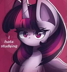 Size: 2100x2250 | Tagged: safe, artist:miryelis, imported from derpibooru, twilight sparkle, alicorn, pony, big ears, gradient mane, horn, looking at you, signature, simple background, solo, text, tired, twilight sparkle (alicorn)