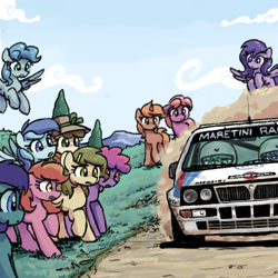 Size: 500x500 | Tagged: safe, artist:plunger, imported from derpibooru, oc, oc only, earth pony, pegasus, pony, unicorn, car, dirt road, driving, dust cloud, female, flying, hat, helmet, horn, lancia, lancia delta, mare, motorsport, racecar, racing, solo, spread wings, vehicle, wings, world rally championship