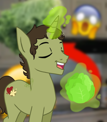 Size: 1169x1327 | Tagged: safe, artist:decaydaance, imported from derpibooru, pony, unicorn, eli lucas, emoji, food, lettuce, magic, magic aura, male, ponified, real life background, signature, stallion, vegetables