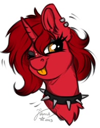 Size: 668x856 | Tagged: safe, artist:julunis14, imported from derpibooru, oc, oc only, oc:harmonic chord, pony, unicorn, ;p, bust, collar, ear fluff, ear piercing, earring, eyeshadow, female, freckles, high res, horn, jewelry, makeup, mare, one eye closed, piercing, portrait, signature, simple background, solo, spiked collar, tongue out, unicorn oc, white background