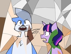Size: 768x576 | Tagged: safe, artist:zangreene, imported from derpibooru, twilight sparkle, bird, blue jay, pony, semi-anthro, unicorn, bodypaint, crossover, crossover shipping, female, gotye, kimbra, male, mordecai, mordetwi, regular show, shipping, somebody that i used to know, song reference, straight