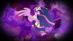 Size: 2560x1440 | Tagged: safe, artist:decprincess, artist:omniscient-duck, edit, imported from derpibooru, twilight sparkle, alicorn, pony, the last problem, crown, female, flying, high res, hoof shoes, jewelry, mare, older, older twilight, peytral, princess twilight 2.0, regalia, solo, spread wings, twilight sparkle (alicorn), wallpaper, wallpaper edit, wings