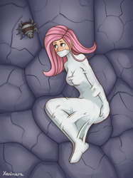 Size: 1588x2122 | Tagged: safe, artist:xeninara, imported from derpibooru, fluttershy, human, bondage, bound, damsel in distress, female, gag, humanized, mummification, mummified, mummy, simple background, spider web