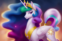 Size: 1920x1280 | Tagged: safe, derpibooru exclusive, editor:dovakkins, imported from derpibooru, princess celestia, alicorn, pony, ai content, ai generated, beautiful, concave belly, crown, female, folded wings, generator:stable diffusion, horn, jewelry, long mane, majestic, mare, peytral, regalia, smiling, solo, sternocleidomastoid, sunset, tail, tail band, tail wrap, wings