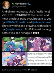 Size: 1079x1439 | Tagged: safe, idw, imported from derpibooru, izzy moonbow, pony, unicorn, spoiler:comic, spoiler:g5comic14, female, g5, horn, mare, meta, official comic, twitter, violette rainbow, vitiligo