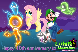 Size: 3000x2000 | Tagged: safe, artist:quasdar, artist:takua770, artist:user15432, imported from derpibooru, fluttershy, ghost, human, pegasus, pony, undead, anniversary, crossover, female, happy anniversary, looking at you, luigi, luigi's mansion, luigi's mansion: dark moon, luigishy, male, mountain, night, open mouth, open smile, polterpup, sky, smiling, stars, super mario bros.