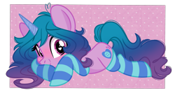Size: 3339x1770 | Tagged: safe, artist:emberslament, imported from derpibooru, izzy moonbow, pony, unicorn, clothes, cute, female, g4, g5, g5 to g4, generation leap, heart, heart eyes, izzybetes, lying down, mare, prone, simple background, socks, solo, striped socks, transparent background, wingding eyes