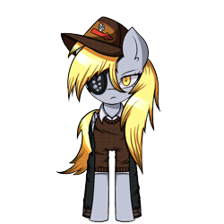 Size: 1000x1000 | Tagged: safe, artist:menalia, imported from derpibooru, derpy hooves, pegasus, pony, cap, clothes, danganronpa, eyepatch, female, hat, looking at you, mailmare, mare, pants, shirt, shoes, simple background, solo, sprite, style emulation, transparent background, wings
