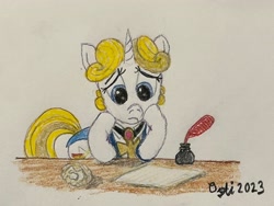 Size: 4032x3024 | Tagged: safe, artist:opti, imported from derpibooru, oc, oc only, oc:guiding light, pony, unicorn, bored, inkwell, quill, sad, solo, traditional art