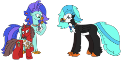 Size: 3010x1530 | Tagged: safe, artist:supahdonarudo, imported from derpibooru, oc, oc only, oc:icebeak, oc:ironyoshi, oc:sea lilly, classical hippogriff, fish, hippogriff, unicorn, camera, clothes, confused, disgusted, happy, jewelry, looking back, mouth hold, necklace, offering, shirt, simple background, transparent background