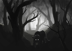 Size: 6000x4300 | Tagged: safe, artist:felfox, imported from derpibooru, queen chrysalis, changeling, changeling queen, creepy, dead tree, female, forest, glowing, glowing eyes, grayscale, looking at you, monochrome, solo, tree