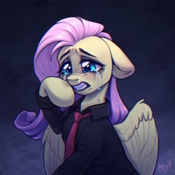 Size: 2048x2048 | Tagged: safe, artist:amishy, imported from derpibooru, fluttershy, pegasus, pony, chromatic aberration, clothes, crying, female, floppy ears, gritted teeth, mare, my chemical romance, necktie, partially open wings, sad, shirt, signature, solo, teeth, wings