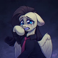 Size: 2048x2048 | Tagged: safe, alternate version, artist:amishy, imported from derpibooru, fluttershy, pegasus, pony, chromatic aberration, clothes, crying, dyed mane, female, floppy ears, gritted teeth, mare, my chemical romance, necktie, partially open wings, sad, shirt, signature, solo, teeth, wings