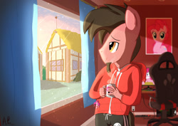Size: 1754x1240 | Tagged: safe, artist:mrkat7214, imported from derpibooru, pinkie pie, oc, oc:ace play, anthro, earth pony, chair, clothes, coffee, computer, curtains, dawn, facial hair, gaming chair, goatee, hoodie, male, monitor, morning, morning ponies, mug, office chair, plushie, poster, solo, stallion, window
