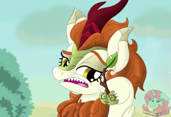 Size: 1671x1150 | Tagged: safe, artist:gray star, derpibooru exclusive, imported from derpibooru, autumn blaze, kirin, autumn blaze's puppet, cloven hooves, female, freckles, hoof puppet, open mouth, scales, scene interpretation, sharp teeth, simple background, teeth