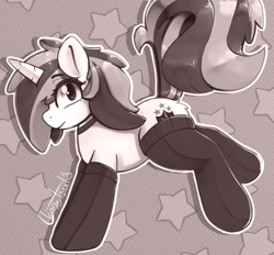 Size: 1072x994 | Tagged: safe, artist:llametsul, imported from derpibooru, shining armor, pony, unicorn, clothes, cute, female, gleaming shield, horn, looking at you, mare, monochrome, raised tail, rule 63, signature, smiling, smiling at you, socks, solo, stockings, tail, thigh highs