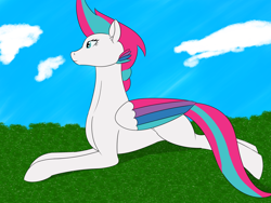 Size: 1600x1200 | Tagged: safe, artist:saintgryphonii, imported from derpibooru, zipp storm, pegasus, pony, female, g5, grass, lying down, mare, sky, sky background, solo