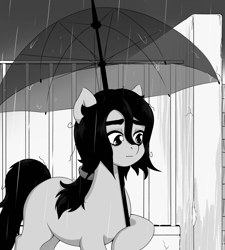 Size: 1262x1400 | Tagged: safe, artist:ravenirik, imported from derpibooru, oc, oc only, oc:floor bored, earth pony, pony, blank flank, earth pony oc, eyebrows, female, grayscale, hoof hold, mare, monochrome, rain, solo, umbrella