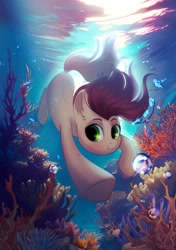Size: 2039x2894 | Tagged: safe, artist:glumarkoj, imported from derpibooru, oc, oc only, earth pony, pony, beautiful, bubble, commission, coral, crepuscular rays, digital art, diving, earth pony oc, flowing mane, flowing tail, green eyes, holding breath, male, ocean, pony oc, red mane, red tail, seaweed, solo, stallion, sunlight, swimming, tail, underwater, water, ych result