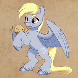 Size: 3166x3166 | Tagged: safe, artist:artharuhi, imported from derpibooru, derpy hooves, pegasus, pony, :p, bipedal, cute, derpabetes, eyebrows, female, food, g4, g4 to g5, g5, generation leap, mare, muffin, solo, tongue out, unshorn fetlocks